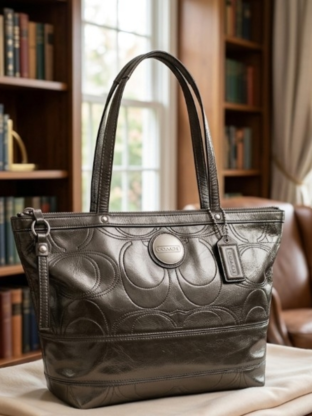 Coach Metallic Olive Leather Tote w/ Signature Stitching "C" E1020-F15142